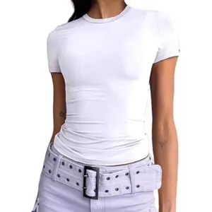 2025 Summer Women Slim Fit Solid White Short Sleeve T-Shirt Casual Round Neck Tee Top