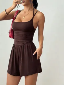 Detail shot of women summer brown halter romper, casual sleeveless strapless wide-leg shorts.