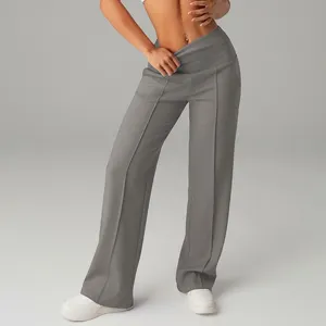 Donna pantaloni larghi vita alta incrociato casual drappeggiato elastico zampa giorno.
