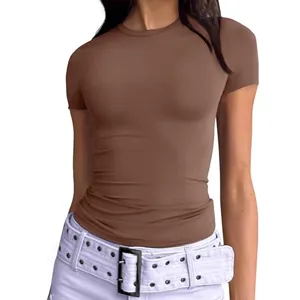 Womens brown fitted short sleeve t-shirt summer casual crew neck basic tee top 2025