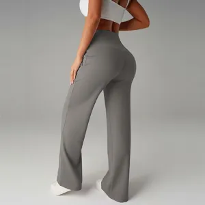 Comodi pantaloni casual da donna vita alta incrociata grigi gamba larga elastici.