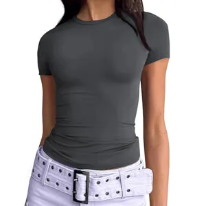 Women slim fit short sleeve t-shirt casual summer basic crewneck top grey stylish wear