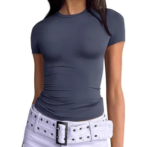 2025 Summer European American women's slim short sleeve T-shirt casual solid round neck top