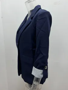 Navy blue women's casual blazer with striped cuffs and lapel collar for daily chic style.