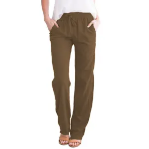Women cotton linen loose casual wide leg pants solid color drawstring trousers detail view