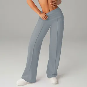 Pantaloni casual donna vita alta incrociata grigi larghi con tessuto elastico.