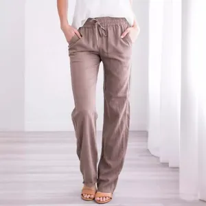 Women Cotton Linen Drawstring Loose Casual Wide Leg Long Pants Solid Color Trousers