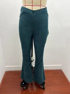 Women solid color high waist slim fit flare pants corduroy elastic waist casual trousers