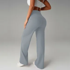 Pantaloni casual a gamba larga vita alta donna elasticizzati drappeggiati fitness