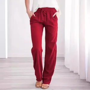 Red cotton linen casual loose wide-leg pants main view showcasing comfortable drawstring waist.