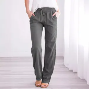 Women's Casual Cotton Linen Wide Leg Pants High Waist Drawstring Solid Color Loose Trousers