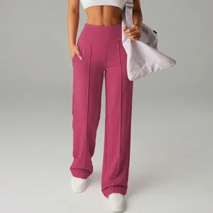 Pantaloni larghi a vita alta da donna, elegante pantalone casual rosa con piega centrale.