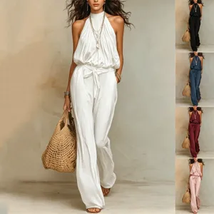 Women's Bohemian Halter Sleeveless Wide Leg Long Jumpsuit High Waist Tie Solid Color Casual Vacation Polyester Romper