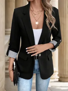 Women casual slim fit three-quarter roll sleeve black blazer jacket front detail view