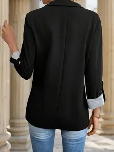 Women casual black blazer jacket with rolled striped sleeves and slim fit tailored style.