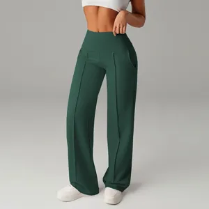 Pantaloni casual a vita alta da donna in verde scuro con elegante piega centrale.