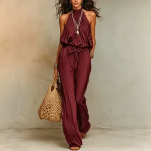 Stylish women wine red bohemian halter neck wide leg jumpsuit main view fashion apparel