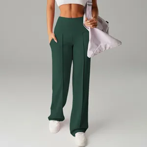 Pantalone casual a vita alta con pieghe frontali e gamba larga, comodo ed elastico.