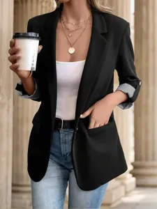 Women casual slim fit one button blazer rolled sleeve open front suit jacket outerwear