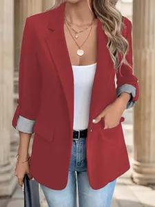 Women's red casual blazer jacket with 3/4 rolled sleeves and button closure for daily wear