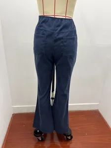 Solid high waist corduroy flare pants for women, casual slim fit trousers with elastic waist.
