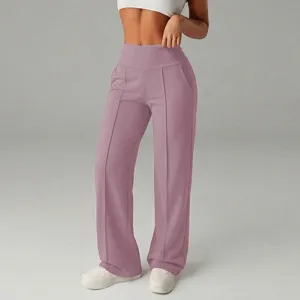 Pantaloni lunghi a gamba larga da donna vita alta con piega centrale ed elastico.