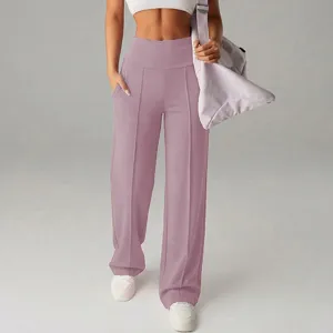 Pantaloni casual a vita alta larghi con elegante piega centrale e tasche per donna.