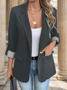 Women Casual Slim Fit Blazer 3/4 Rolled Sleeve Open Front Suit Jacket Outerwear Chic
