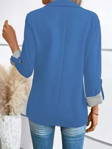 Detailed back view of a blue casual women blazer featuring 3/4 rolled striped sleeves.