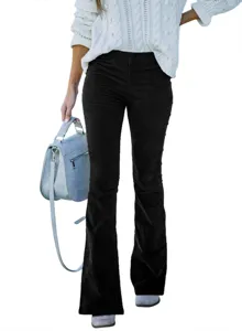 Detailed view of women's black high waist corduroy micro flare casual pants for spring style.