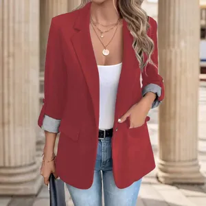 Women's casual blazer slim fit 3/4 roll sleeve suit jacket stylish daily work wear red