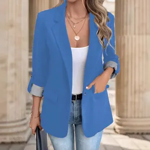 Women casual button blazer 3/4 rolled sleeve slim fit suit jacket stylish office outerwear