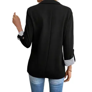 Women's casual slim fit blazer jacket with 3/4 rolled striped sleeves and button detail.