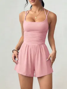 Pink halter neck spaghetti strap romper casual summer women's solid color shorts jumpsuit