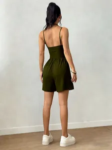 Femme Été Casual Bretelles Halter Combi-Short Dos Nu Ample Vert Armée Tendance