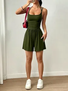 Women Summer Halter Rompers Casual Sleeveless Backless Jumpsuit Shorts Green Chic Streetwear