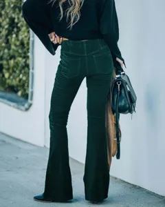 Women solid high waist slim micro flare corduroy pants casual trousers spring summer detail