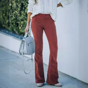 Women solid color high waist slim flare corduroy trousers casual pants fashion spring wear