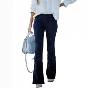 Women high-waisted slim flare corduroy trousers in solid dark blue for casual daily wear.