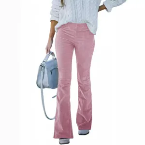 Women high waist pink corduroy flare pants casual slim fit trousers for spring and summer.