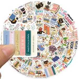 Cute cartoon cat and book stickers pack for laptop, luggage, and journal DIY decoration.