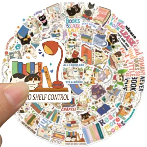 Cute cat and book stickers pack, waterproof DIY decorative decals for laptop and luggage.