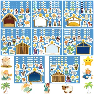 Nativity sticker sheets detailed view showing multiple religious cartoon character designs.