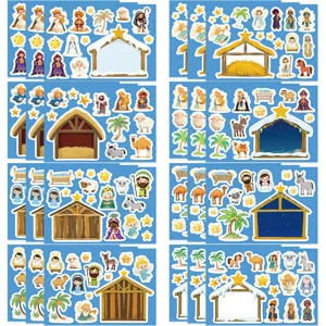 Nativity theme DIY sticker sheets featuring cute cartoon Jesus birth characters, stables and animals.