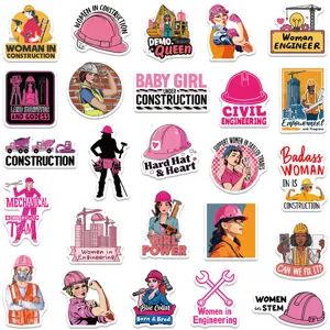Set de pegatinas impermeables mujeres en construcción vista detallada con lindos diseños.