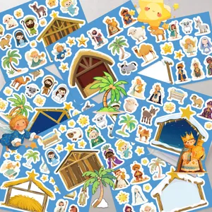 Detailed view of cute Nativity theme sticker sheets featuring cartoon stable and characters.