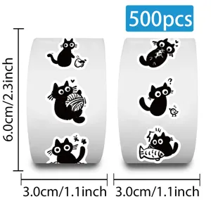 Cute black cat rolling stickers roll 500pcs decorative diary scrapbooking waterproof label.