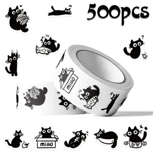 500pcs Roll Cute Black Cartoon Cat Stickers for Journal Notebook Gift Box Sealing Decor