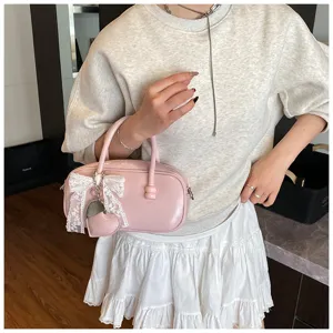 Sweet pink patent leather bowling handbag with cute lace bow and heart pendant stylish crossbody bag