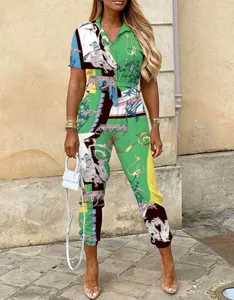 Damen Freizeit Revers geknöpft bedruckt Gürtel Cargo Jumpsuit Sommer Mode Hosen